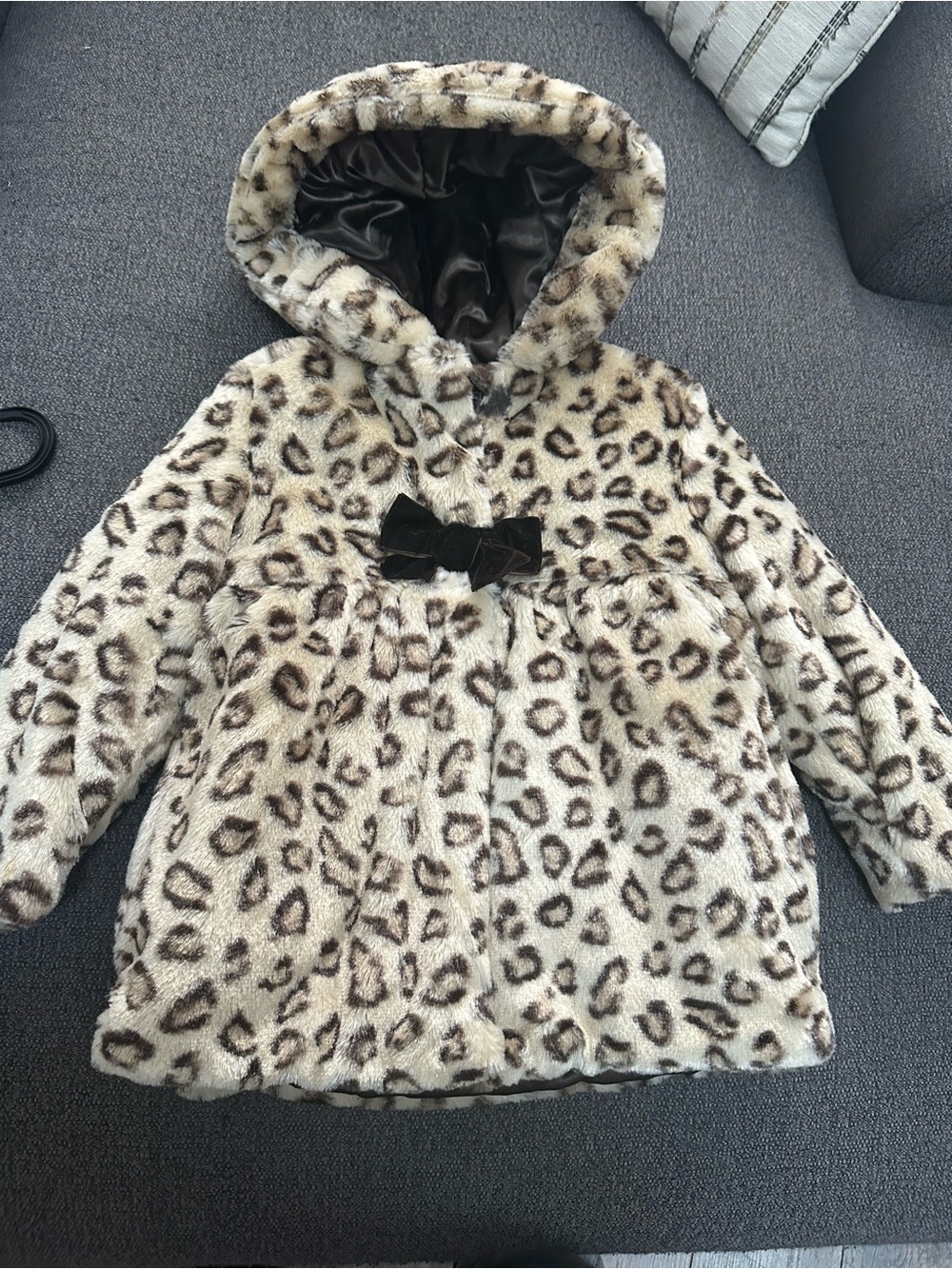 Girls' Faux Fur Leopard Hooded Coat with Bow